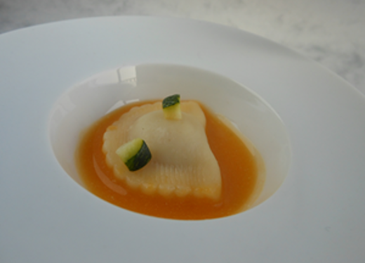 Pompoenpuree met ravioli